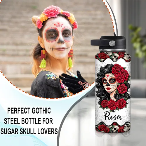 Vista 3 de Hyturtle Botella de agua personalizada con calavera de azúcar, botella de acero inoxidable aislada de viaje con tapa a prueba de fugas, 18 onzas, 32