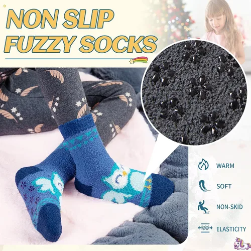 Vista 3 de Calcetines peludos para niños, antideslizantes, suaves y esponjosos, calcetines cálidos de felpa acogedora para niños y niñas, 6 pares