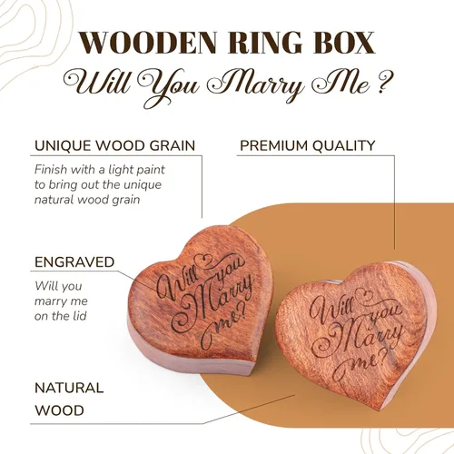Vista 2 de MONYCraft Caja de anillo con forma de corazón Caja de madera hecha a mano para propuesta, caja de anillo de compromiso de madera, caja de anillo