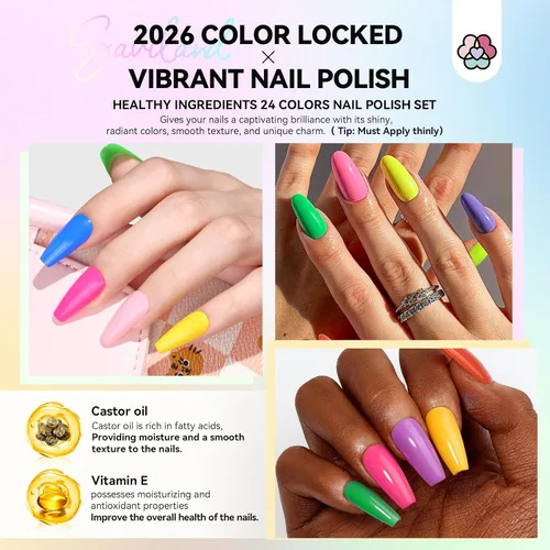 Vista 3 de SAVILAND Juego de esmaltes de uñas: kit de esmalte de uñas de secado rápido rosa brillante, amarillo y rojo, con purpurina, 24 colores, esmalte