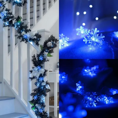 Vista 3 de Luces de Navidad, 20 pies, tira de 40 luces led con forma de copo de nieve, azules, funciona con pilas, guirnalda de luces para dormitorio, patio