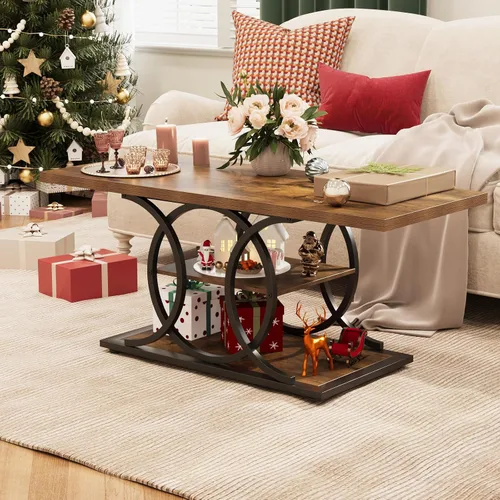 Vista 4 de GiftGo Mesa de café rústica con almacenamiento industrial de 3 niveles, mesa de centro de madera rectangular estilo granja para sala de estar, mesa