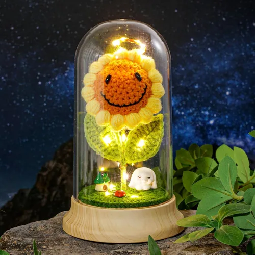 Vista 9 de Regalos de girasol de ganchillo para mujeres, regalos de cumpleaños de flores de sol artificiales para abuela, en cúpula de plástico girasol