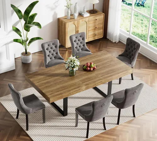 Vista 49 de Juego de mesa de comedor extensible marrón de 63 a 78.74 pulgadas para 4, juego de mesa de comedor de 5 piezas con 4 sillas tapizadas, mesa