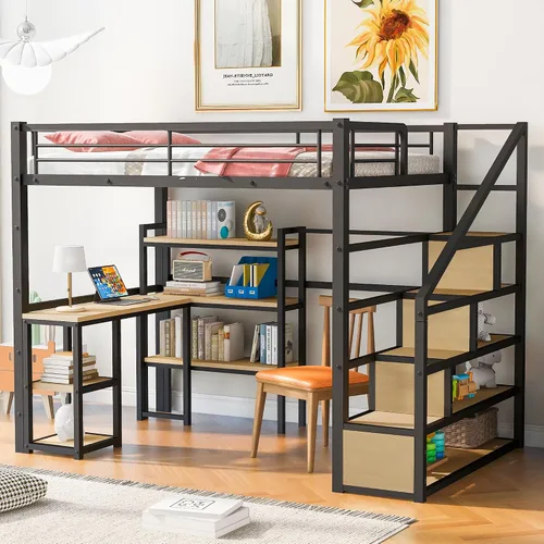 Vista 8 de SOFTSEA Cama alta de metal de tamaño matrimonial con escritorio y estantes, cama alta resistente con escalera y área de estudio para niños, marco