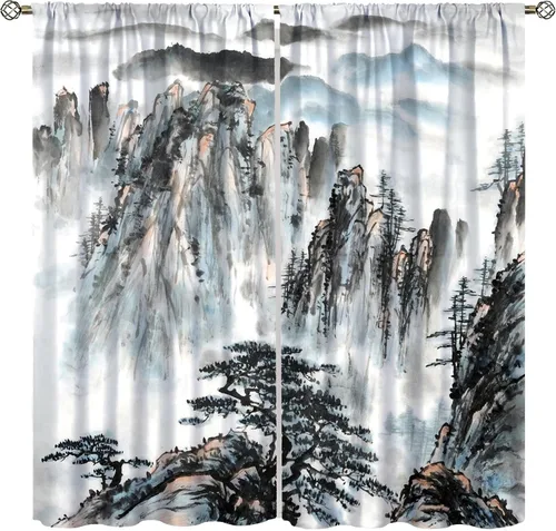 Vista 14 de Cortina asiática, flor de cerezo japonés, montañas brumosas de ciruelo rojo asiático, pintura de tinta tradicional, paisaje chino oriental