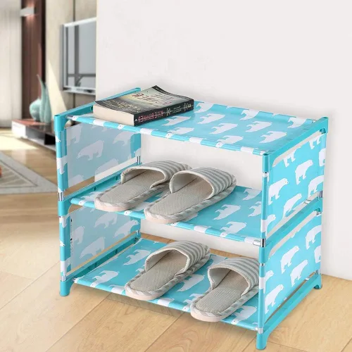 Vista 6 de Estantes apilables de 3 niveles, zapatero pequeño para niños, fácil de montar, organizador de zapatos para entrada, pasillo y armario (azul)