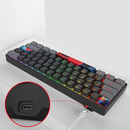 Vista 5 de Owpkeenthy Teclado mecánico con cable 60% para juegos con interruptor azul, teclado RGB ultra compacto, teclas retroiluminadas, teclas N-Key