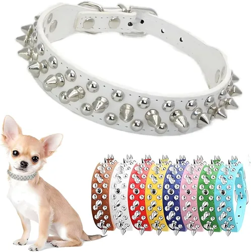 Vista 8 de Collar de perro con púas para perros pequeños, a prueba de masticación, collar de púas para perros y gatos, de piel sintética, con remaches
