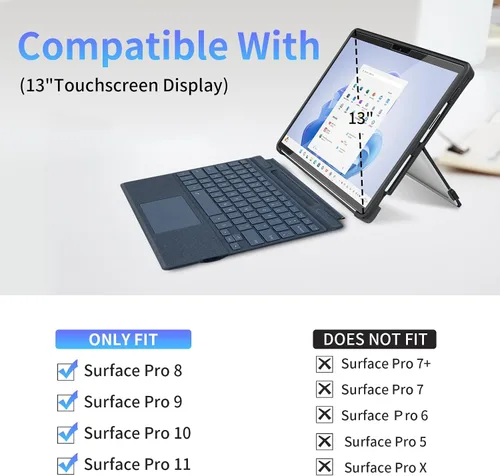Vista 2 de Funda para Microsoft Surface Pro 11/10/9/8 de 13 pulgadas, con cubierta de soporte, correa de mano, funda resistente todo en uno compatible con Negro