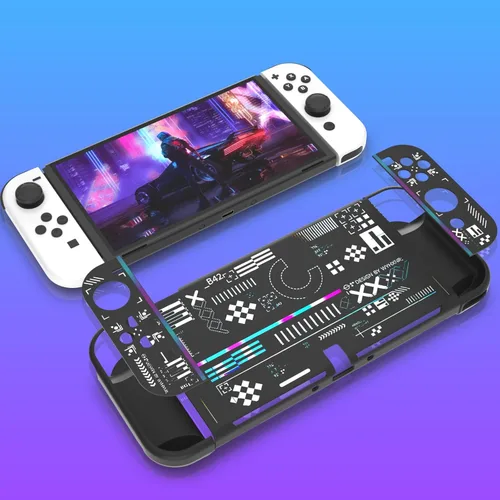 Vista 4 de ECHZOVE Protective Case Compatible with Nintendo Switch OLED,Switch OLED Hard Black Cover Case with Thumb Grip Caps and Screen Protector - Black