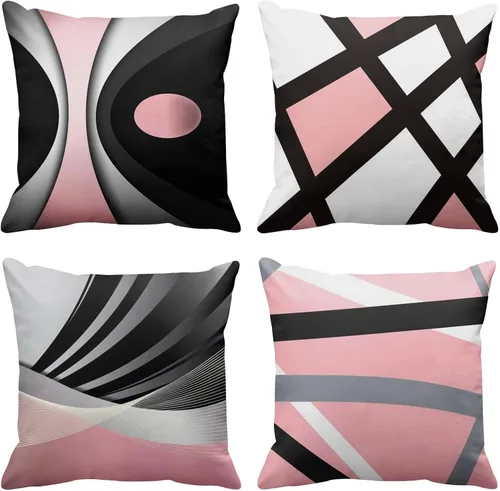 Vista 8 de Emvency Juego de 4 fundas de almohada negras modernas abstractas de rayas grises grises grises y blancas de acrílico llamativo, fundas de almohada