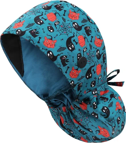 Vista 45 de Gorra médica con forro de satén con bolsillo para cola de caballo, gorro de enfermera médica de algodón con banda elástica para el sudor