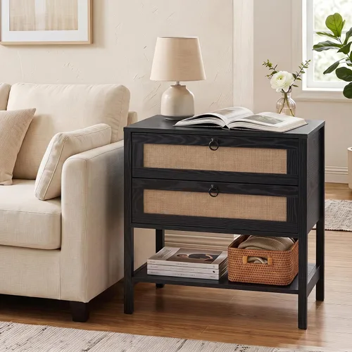 Vista 4 de KOMFOTT Rattan Nightstand, Bedside Table with 2 Drawers (Black,1)
