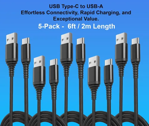Vista 2 de Paquete de 5 cables USB tipo C [6 pies Carga rápida 3A trenzados] - Cable de carga USB-A a USB-C, compatible con iPhone 17 16 15 Plus Pro Max