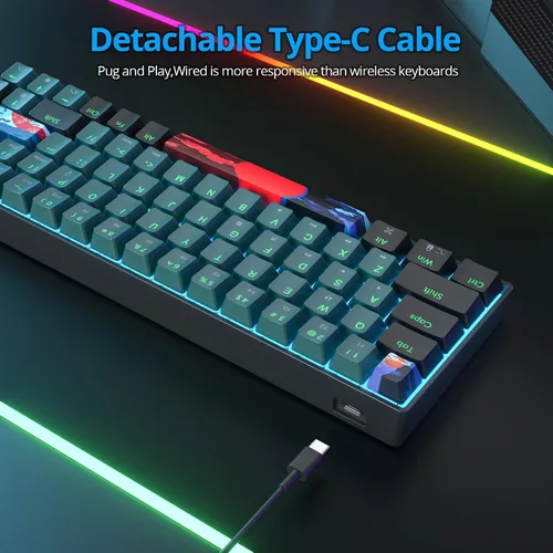 Vista 6 de Teclado para juegos al 60%, teclado mecánico con cable, teclado compacto de 68 teclas con interruptor rojo retroiluminado LED, NKRO para Win PC