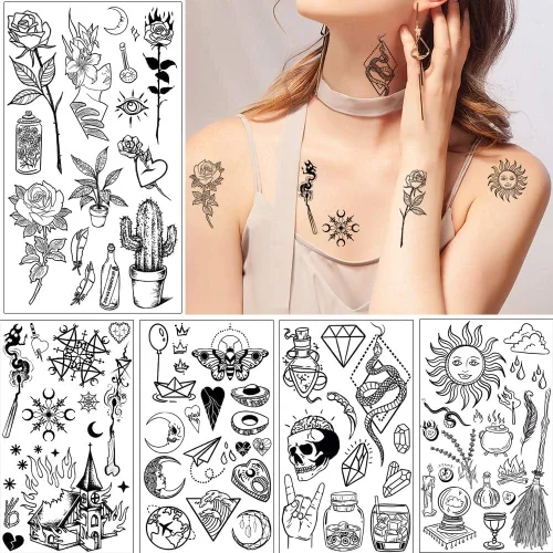 Vista 3 de GLARYYEARS Más de 150 tatuajes temporales negros pequeños, tatuajes de manos y rostros, para hombres y mujeres, diseño de serpiente, diseño