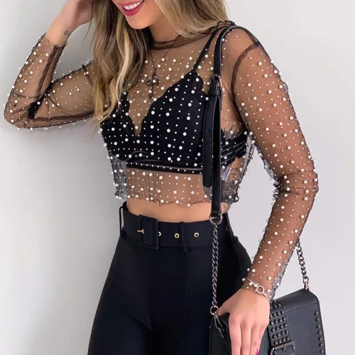 Vista 2 de Blusa de malla de manga larga transparente con diamantes de imitación y cuentas para mujer