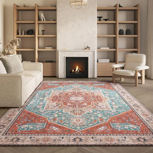 Vista 9 de SAFAVIEH Alfombra lavable Tucson Collection - 2 pies 6 pulgadas x 4 pies, aguamarina y óxido, antideslizante y fácil de limpiar, ideal para sala
