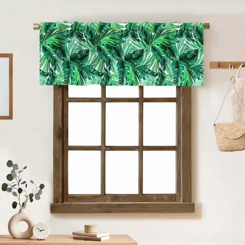 Vista 8 de Cortina de cenefa de hojas verdes tropicales, diseño de hojas de palmera, cenefa con bolsillo para barra, 1 panel, cortinas cortas para cocina