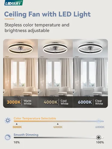 Vista 2 de LEDIARY Ventiladores de techo de perfil bajo con luces, ventilador de techo moderno de montaje al ras y control remoto, ventiladores de techo LED
