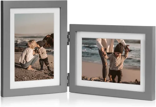 Vista 15 de Marco de fotos doble de 4 x 6 pulgadas con bisagras horizontales, marco de fotos plegable en madera de pino negro con vidrio real para mesa