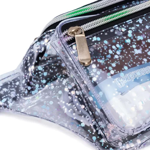 Vista 5 de Cangurera holográfica con diseño de cielo estrellado y lunares morados para mujer, ideal para juegos, conciertos, rave, festivales, viajes, Dreamy