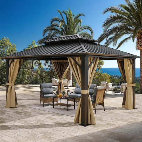 Vista 12 de YITAHOME Cenador de techo duro de 10x10 pies con redes y cortinas, acero galvanizado de doble techo resistente combinado con techo de rayas Gris