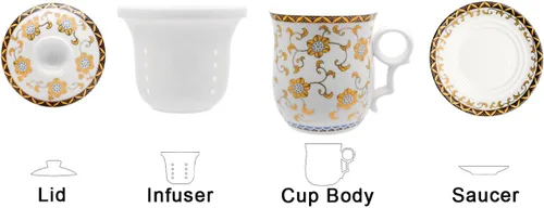 Vista 2 de Taza de té de porcelana con tapa de infusor y juegos de platillos – Taza de café de cerámica china Jingdezhen Taza de té de hoja suelta Sistema