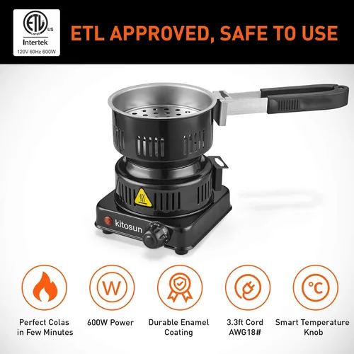 Vista 2 de Quemador eléctrico de carbón de coco de 600 W ETL para barbacoa camping cocina Fast Heating Coal Burner Hot Plate, Detachable Handle, Stainless