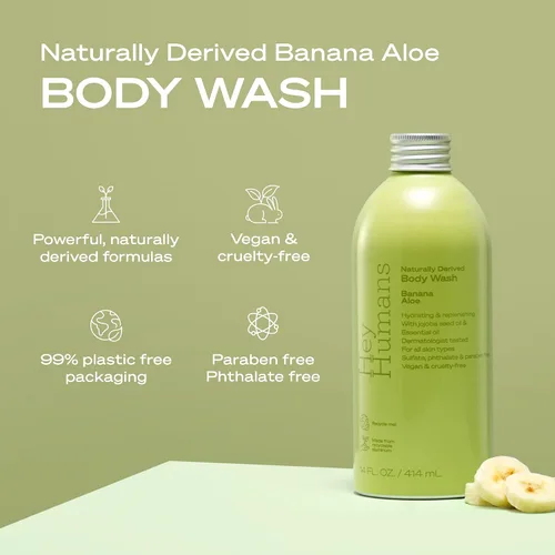 Vista 2 de Hey Humans Jabón corporal hidratante de aloe de plátano con ingredientes naturales y aceite de jojoba Limpio, vegano, sin sulfatos para baño