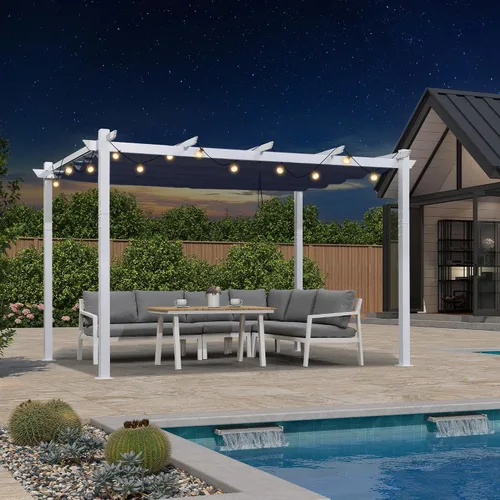 Vista 9 de PURPLE LEAF Pérgola de 10 x 12 pies con toldo retráctil, pérgola cuadrada de bronce de aluminio para patio al aire libre, junto a la piscina, beige