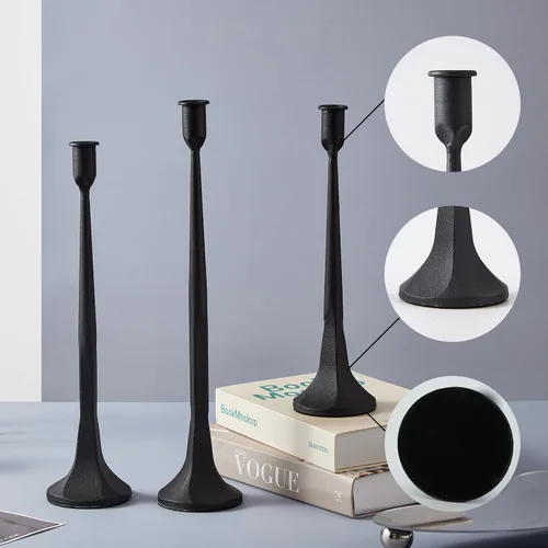 Vista 7 de Denique Juego de 3 portavelas cónico de hierro, portavelas negro, portavelas decorativo, juego alto para bodas, mesa de comedor, decoración