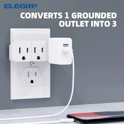 Vista 2 de ELEGRP Extensor de triple salida, pestaña de pared con conexión a tierra de 3 puntas, enchufe adaptador de enchufe múltiple con 3 tomas de corriente