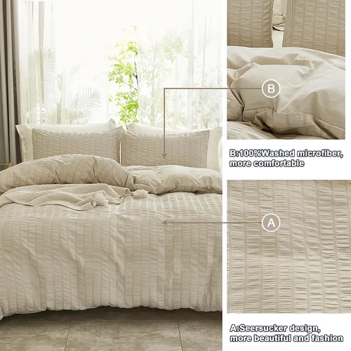 Vista 5 de AveLom - Juego de funda de edredón de 3 piezas, 1 funda de edredón y 2 fundas de almohada, microfibra milrayas suave, con cremallera y lazos en Beige