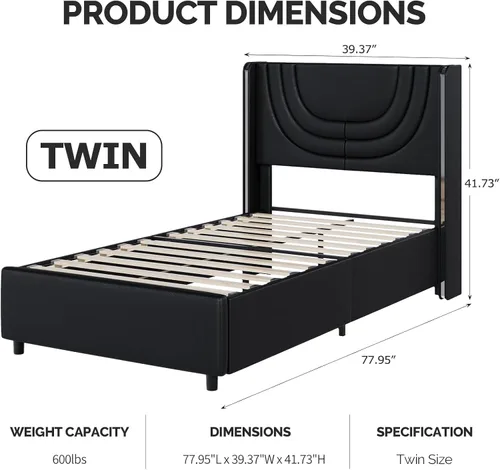 Vista 2 de REVOMINCA Base de cama individual con luces LED, plataforma tapizada de piel sintética con cabecera de ala plateada, estilo moderno, no necesita