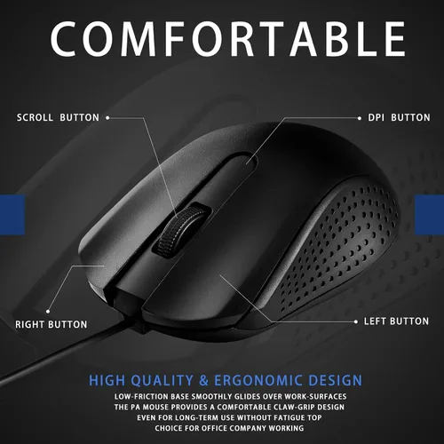 Vista 5 de Hoteam Ratón de computadora con cable, cable a granel, USB, mouse ergonómico con cable para PC, computadoras, portátiles, juegos, oficina, Negro