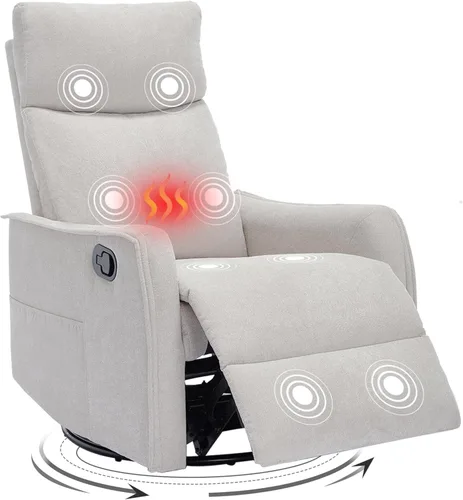 Vista 8 de Silla reclinable giratoria, sillón giratorio para sala de estar, silla reclinable deslizante con calor y masaje, color beige