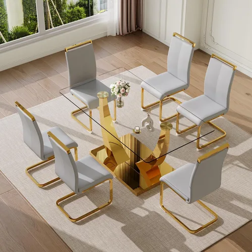 Vista 38 de Juego de mesa de comedor de 63 pulgadas para 4, juego de mesa de comedor dorado moderno para 4, juego de mesa de cocina de mármol sintético
