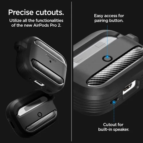 Vista 6 de Spigen Rugged Armor - Funda diseñada para AirPods Pro de 2ª generación 2022/2023 (cable USB-C/Lightning) con mosquetón, color negro mate