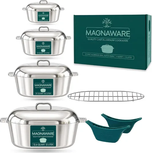 Vista 12 de MAGNAWARE Horno holandés ovalado de aluminio fundido con tapa, sartén resistente de 5 cuartos de galón con estante y cubierta de silicona con asas