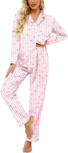 Vista 19 de Ekouaer - Conjunto de pijama de satén de seda clásico con botones para mujer, de manga larga Verde militar