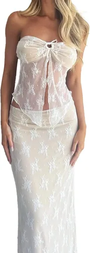 Vista 2 de Conjunto de 2 piezas de falda larga para mujer, Y2K con cordones en la espalda, camiseta sin mangas, falda larga, falda larga, verano, fiesta, club
