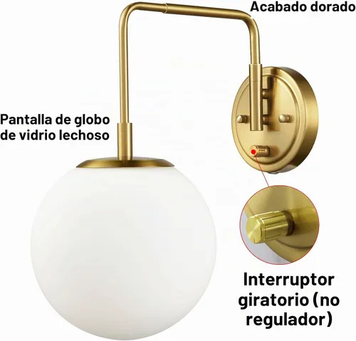 Vista 4 de DAYCENT Aplique de pared dorado con pantalla de vidrio de leche Latón