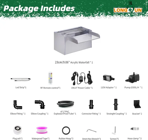 Vista 2 de Longrun Caja de Cascada de Estanque con Kit de Bomba, Vertedero de Cascada de Estanque de Acrílico Transparente con Bomba de 396 GPH 1500L/H