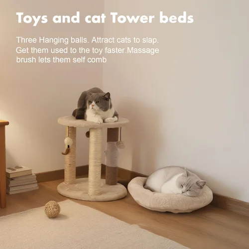 Vista 7 de MECOOL Árbol pequeño para gatos 4en1, poste rascador con torre, cama suave, alfombra de sisal, postes de yute con tres juguetes de bola colgante