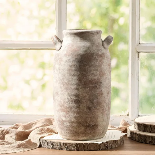 Vista 4 de Florero Grande para Decoración del Hogar - Jarrones de Mesa Rústicos de Cerámica Estilo Granja de 12 Pulgadas de Alto con Asa, Decoración de Sala