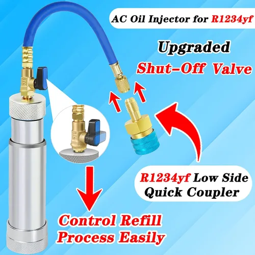 Vista 3 de Inyector de aceite de CA para R1234yf R134a R410a, Inyector de tinte de CA con válvula de cierre, Inyector de tinte 1234yf con función de prevención