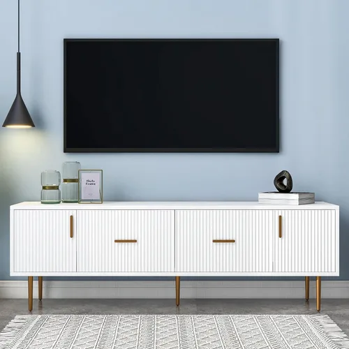 Vista 17 de Soporte de TV versátil de alto brillo con luces LED que cambian de color y 2 estantes de vidrio templado, centro de entretenimiento para televisores