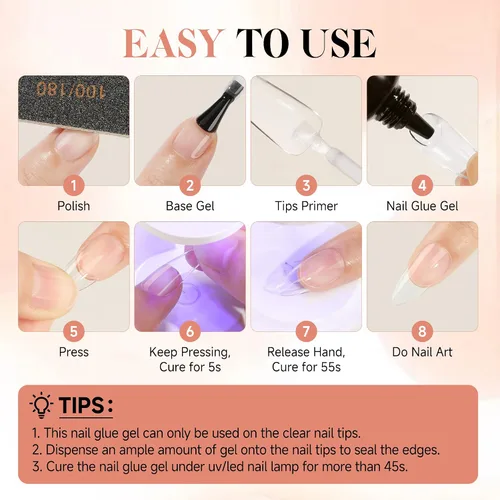 Vista 6 de UNA GELLA - Puntas de uñas de gel suave para pegar de 1.4 fl oz de secado por lámpara, permanente, pegamento de uñas fuerte para uñas acrílicas